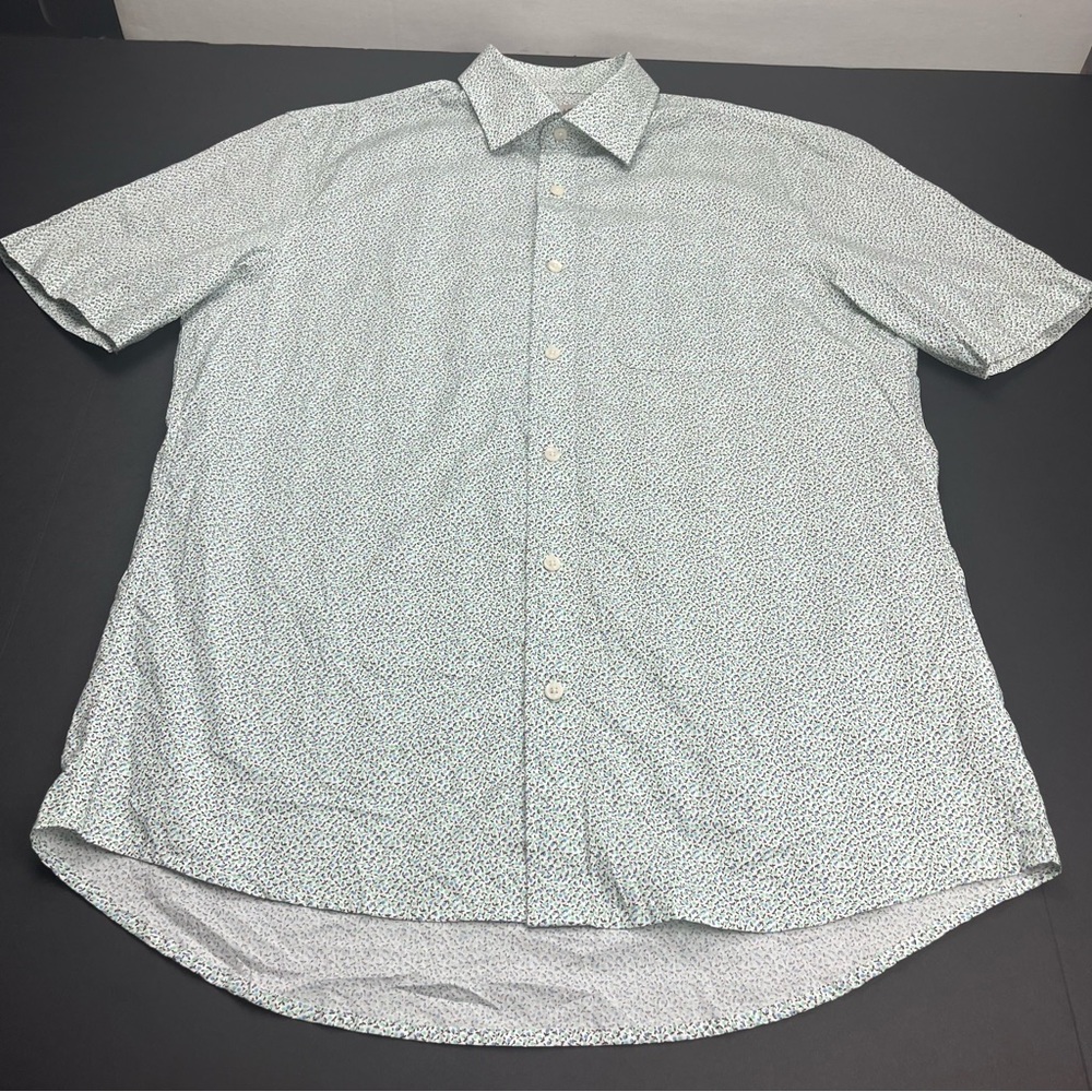 Hickey Freeman Mens Size Large Blue Green Short Sleeve Button Front Shirt Preppy